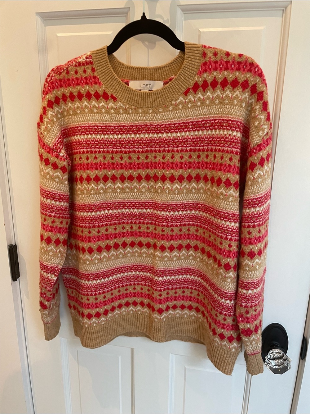 LOFT Women’s Tan & Red Fair Isle Crewneck Pullover
